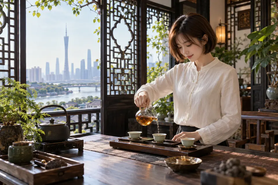 岭南花窗旁的冲泡空间与公道杯