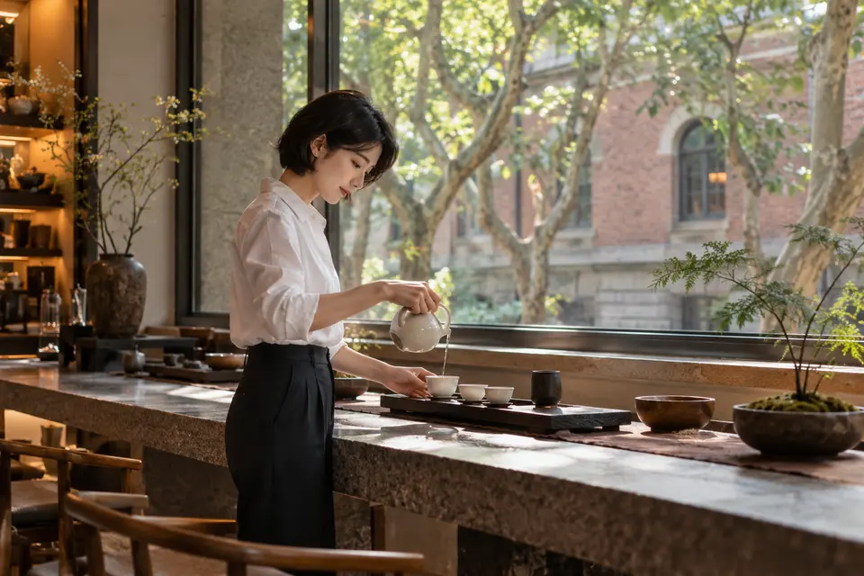 梧桐街区的茶室内，白瓷茶具与倒茶的场景